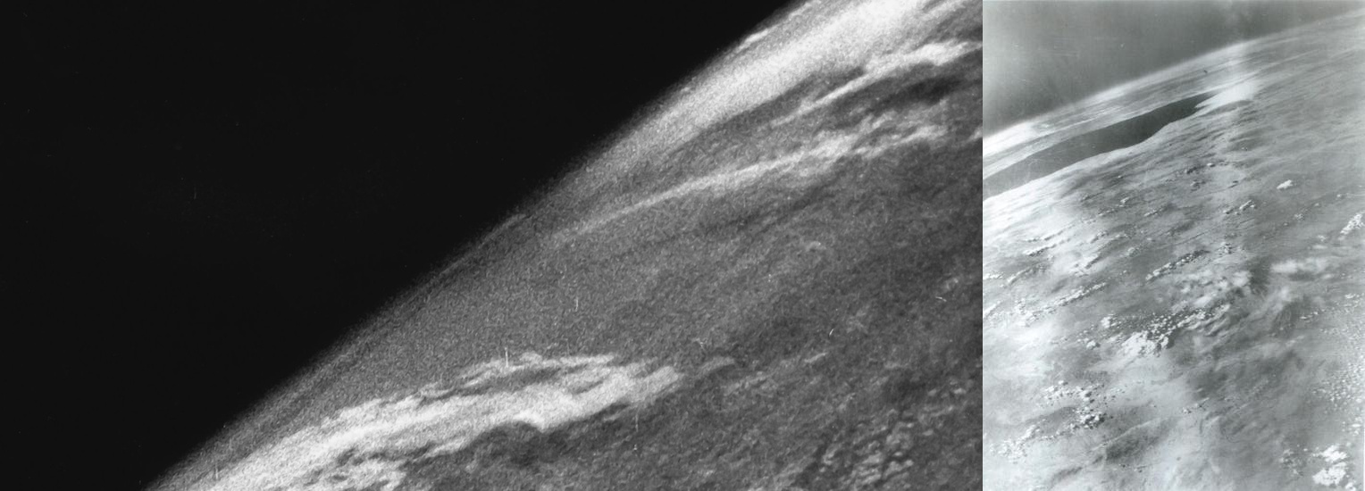 Black and white photograph showing the curvature of Earth from space, this image captures clouds over the surface and a large body of water on the right&mdash;offering a unique perspective on our planet and the change it inspires in humanity.