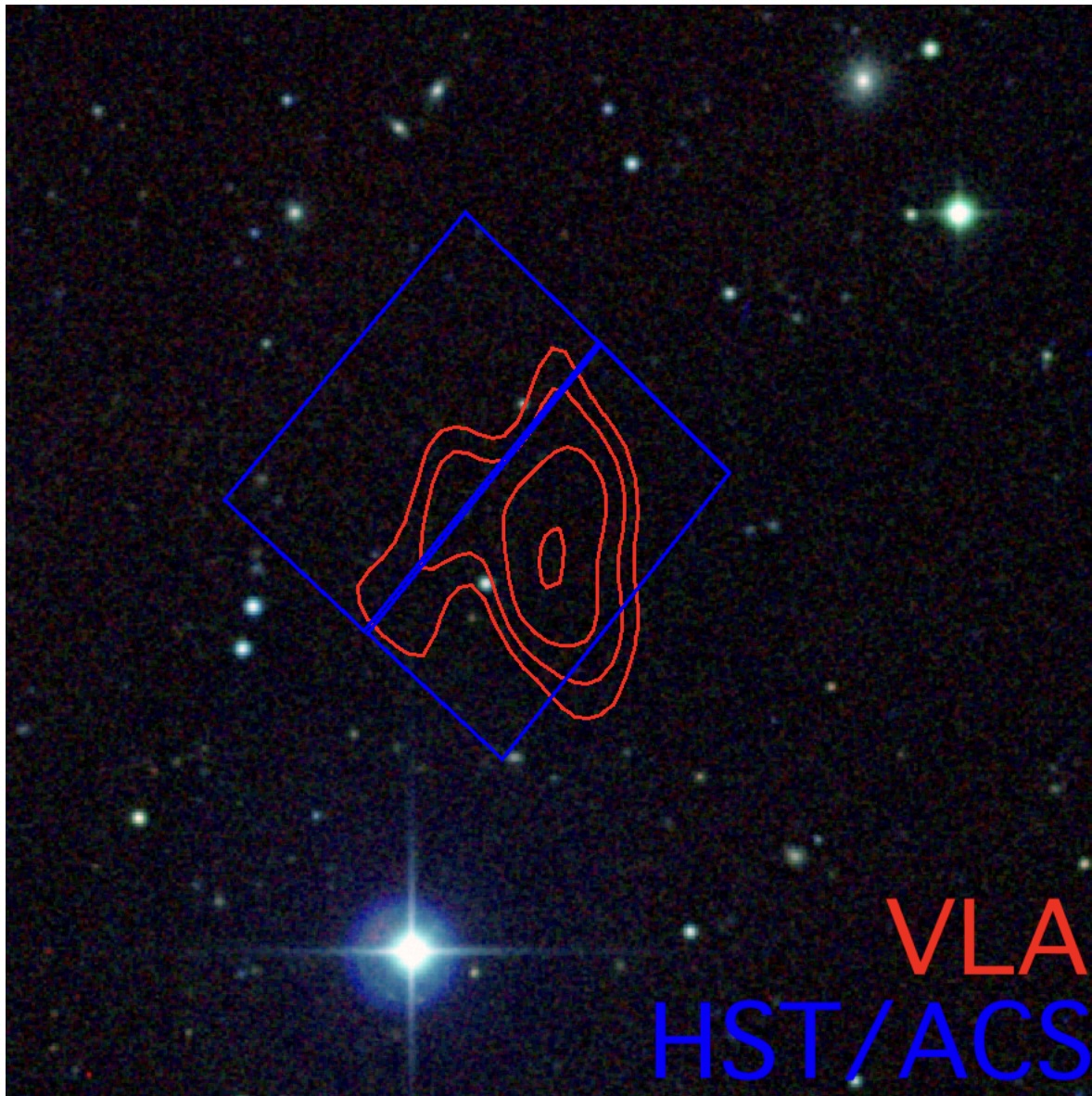 Star field with overlaid blue squares, red contour lines, and text labels "VLA" in red and "HST/ACS" in blue in the lower right corner, highlighting features of the cloud 9 starless gas cloud.