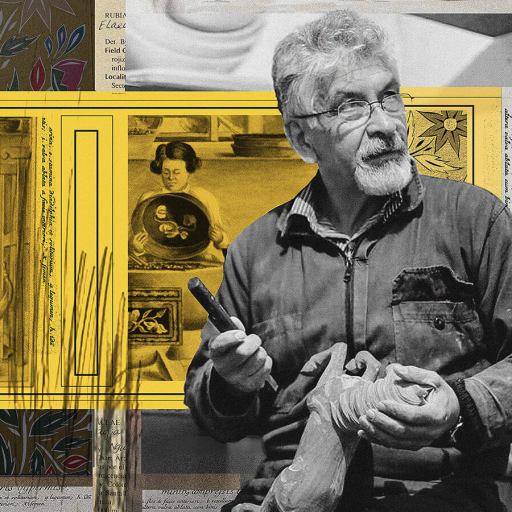 A man with glasses and a beard works on a clay sculpture using a tool, set against a collage of historical art images and decorative patterns inspired by traditional Pasto varnish techniques.