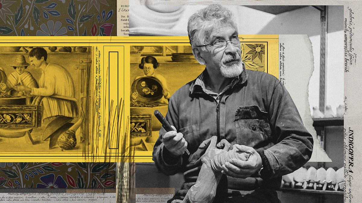 A man with glasses and a beard works on a clay sculpture using a tool, set against a collage of historical art images and decorative patterns inspired by traditional Pasto varnish techniques.