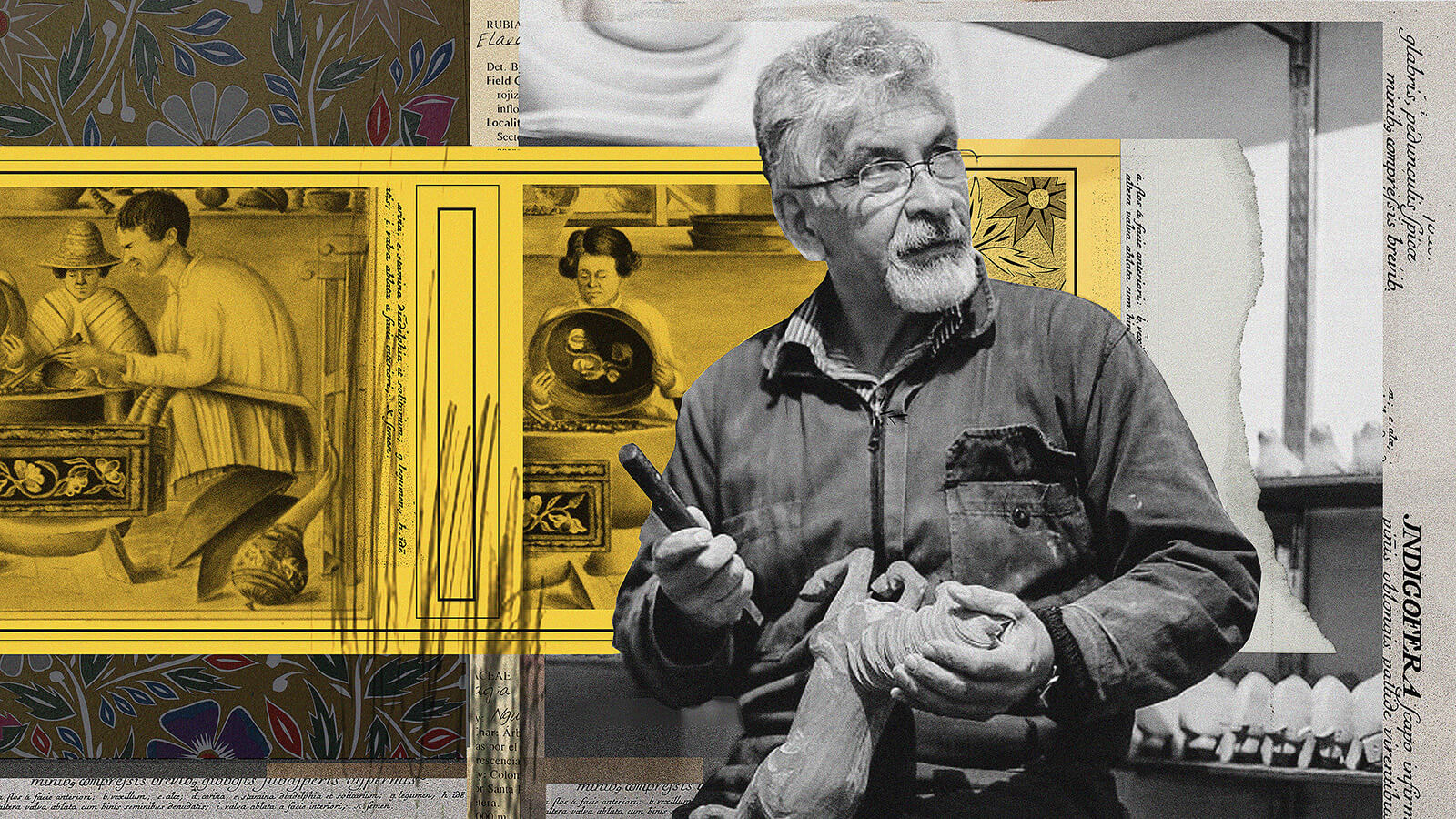 A man with glasses and a beard works on a clay sculpture using a tool, set against a collage of historical art images and decorative patterns inspired by traditional Pasto varnish techniques.