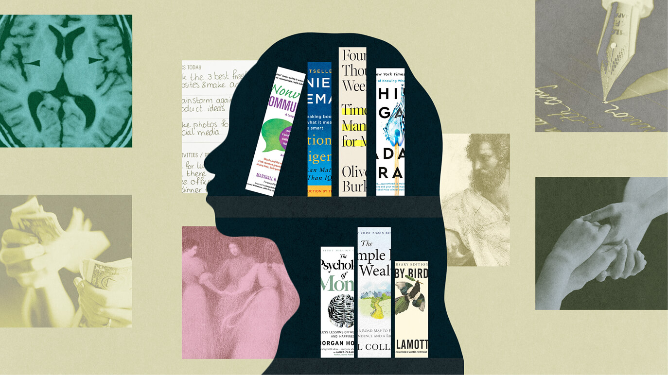 A head with books on it.