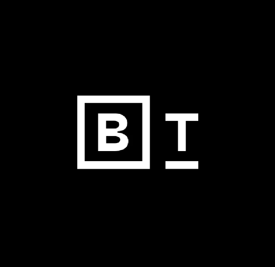 White letter "B" inside a rectangle next to a white letter "T" with an underline, all on a solid black background.