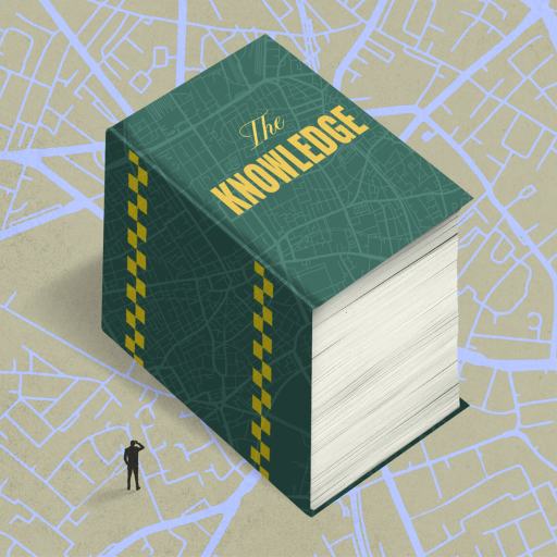 A person stands next to a large book titled "The Knowledge," symbolizing mastery of the city’s map.