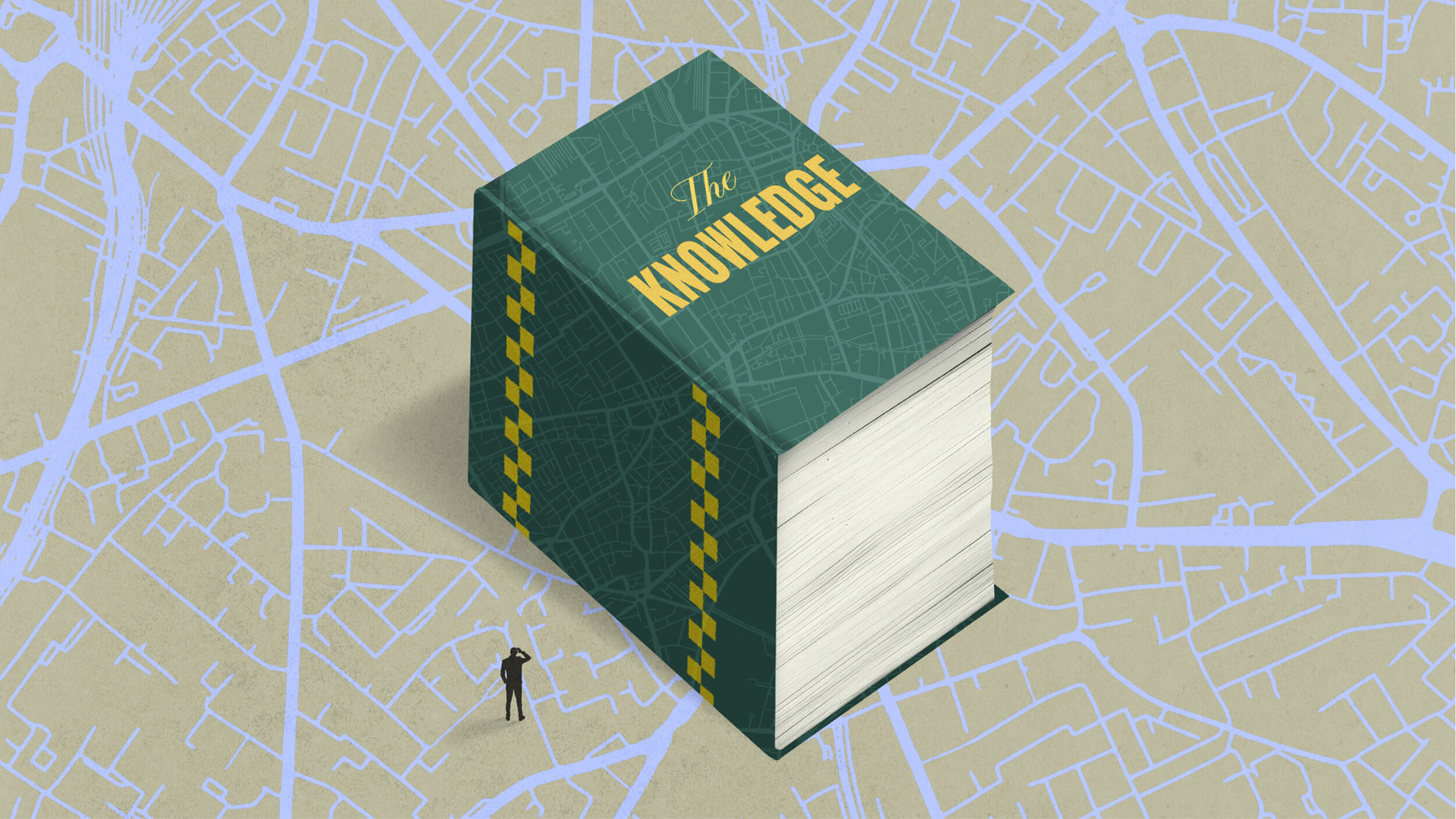 A person stands next to a large book titled "The Knowledge," symbolizing mastery of the city’s map.