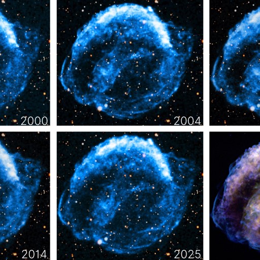 Five panels show NASA Chandra images of Kepler's supernova remnant as it expands over 25 years, with increasingly diffuse blue filaments against a starry background; a composite is shown in the last panel.