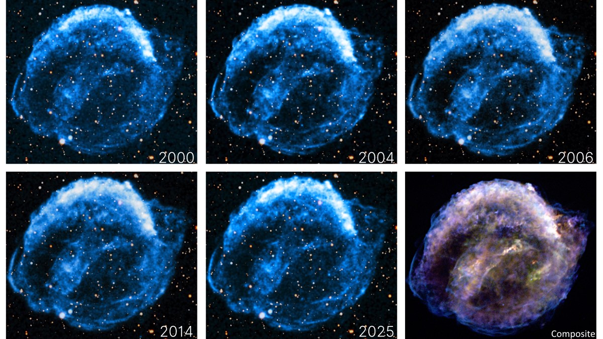Five panels show NASA Chandra images of Kepler's supernova remnant as it expands over 25 years, with increasingly diffuse blue filaments against a starry background; a composite is shown in the last panel.
