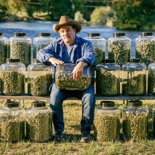 Jim Belushi, wearing a cowboy hat, sits outdoors on a bench surrounded by large jars of green plant material, with a river and trees in the background.