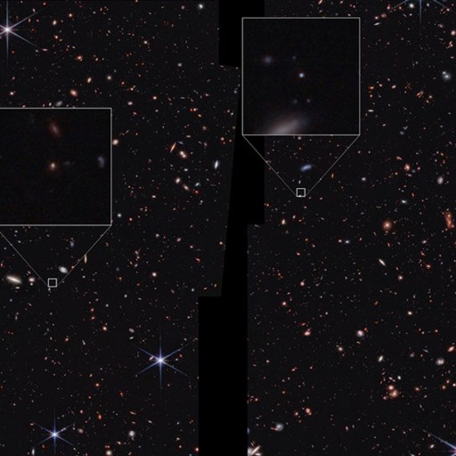 A deep space image showing a field of distant galaxies with several regions zoomed in to highlight faint, small JWST objects.