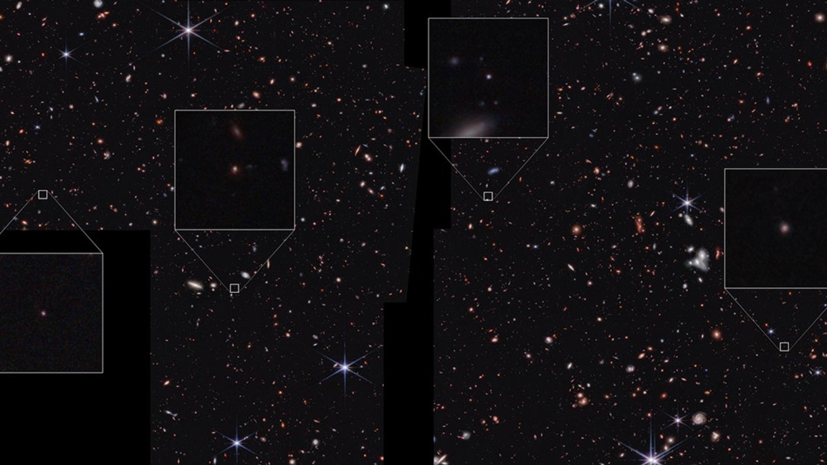 A deep space image showing a field of distant galaxies with several regions zoomed in to highlight faint, small JWST objects.