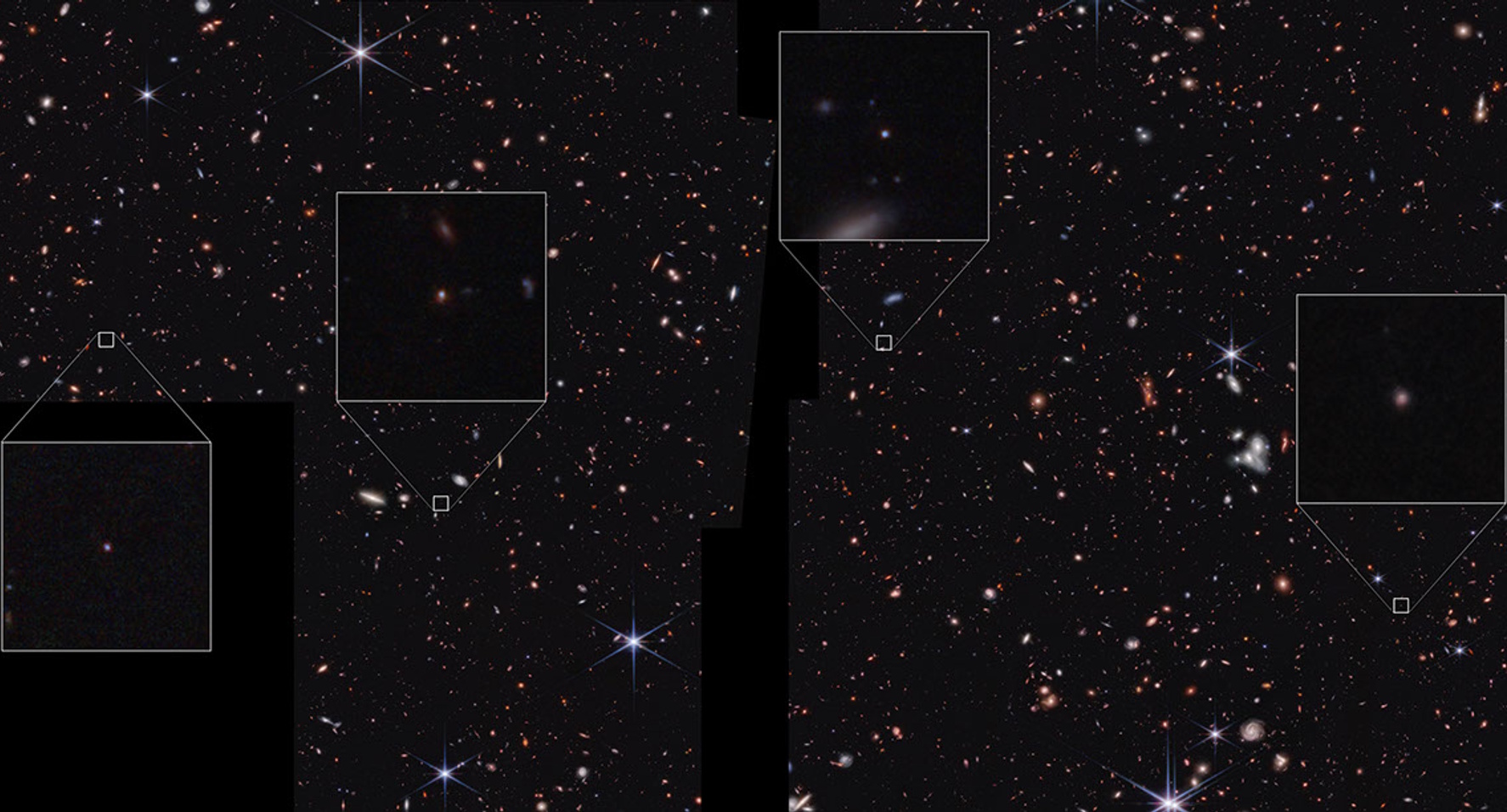 A deep space image showing a field of distant galaxies with several regions zoomed in to highlight faint, small JWST objects.