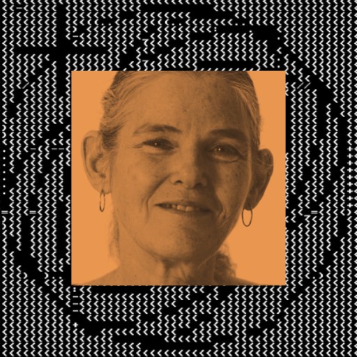 A grayscale photo of a woman with hoop earrings, set against an orange background and overlaid on a black and white abstract digital pattern.