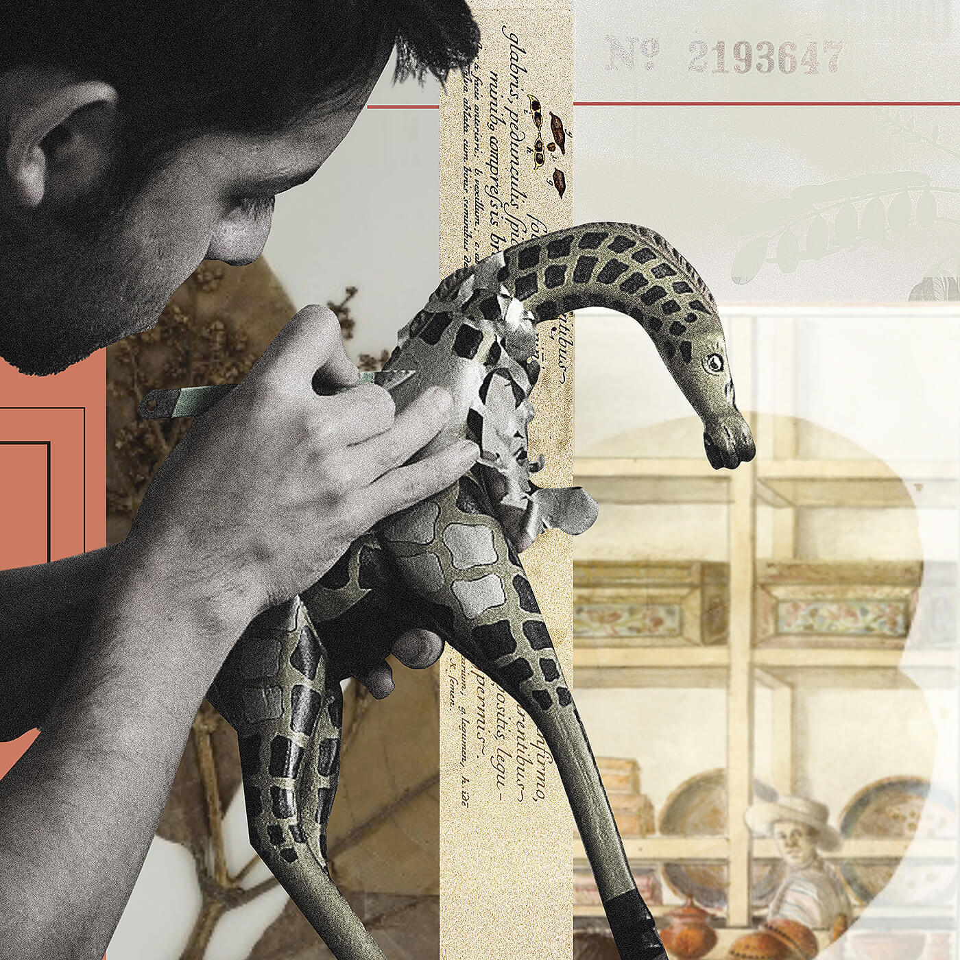 A person examines or repairs a model giraffe amidst a collage of vintage papers, illustrations, and documents in the background, possibly preparing to protect its surface with a layer of Pasto varnish.