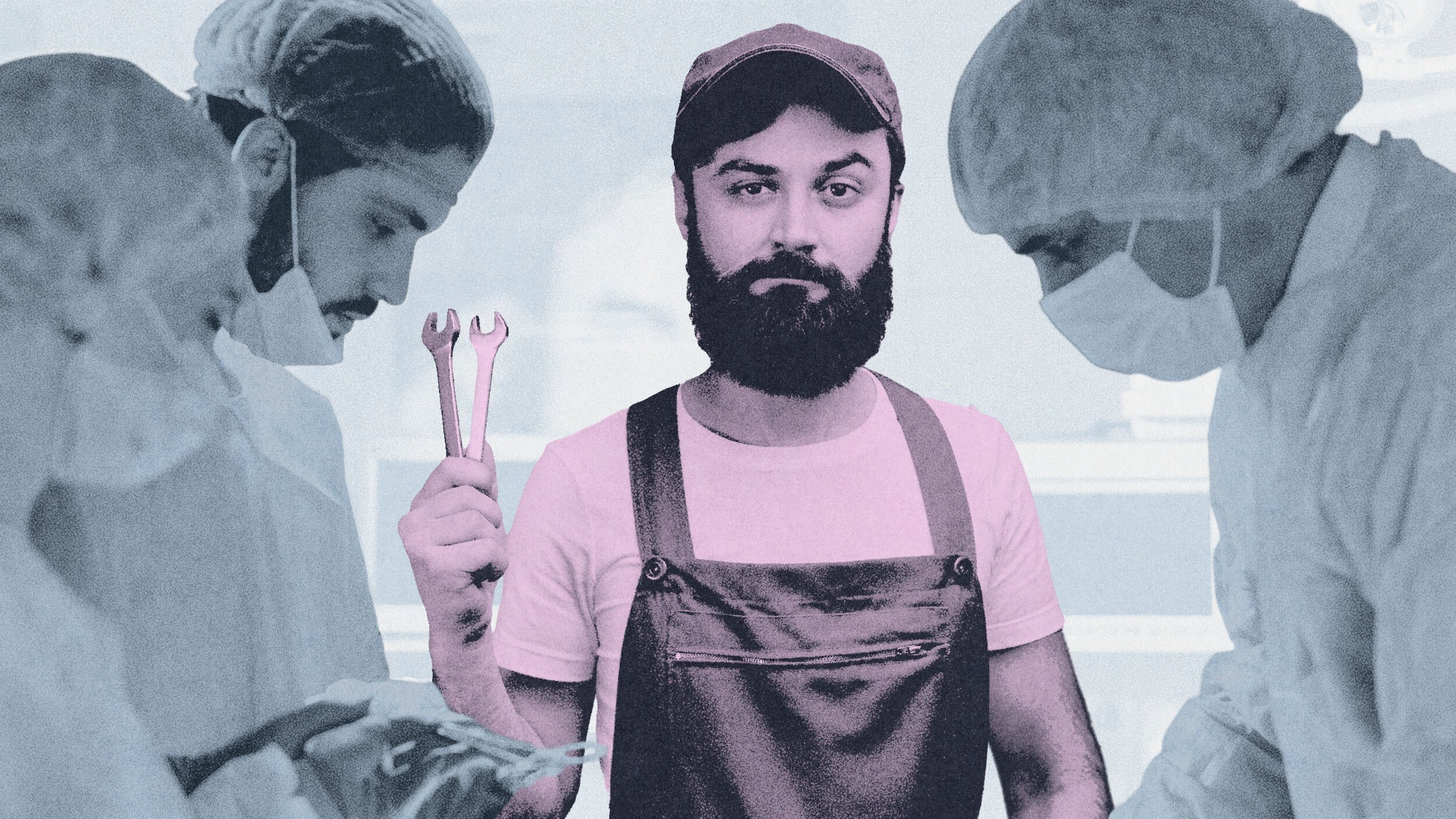A man in overalls, an example of epistemic trespassing, holds wrenches while standing between surgeons in scrubs and masks performing surgery.