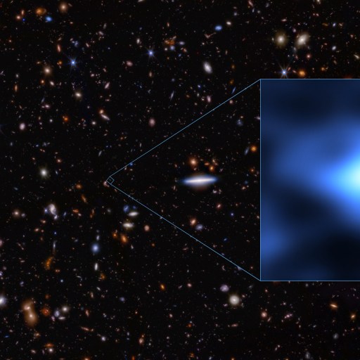 A field of distant galaxies in space with a blue-tinted, magnified section highlighting a single bright celestial object observed by JWST, possibly rich in oxygen.