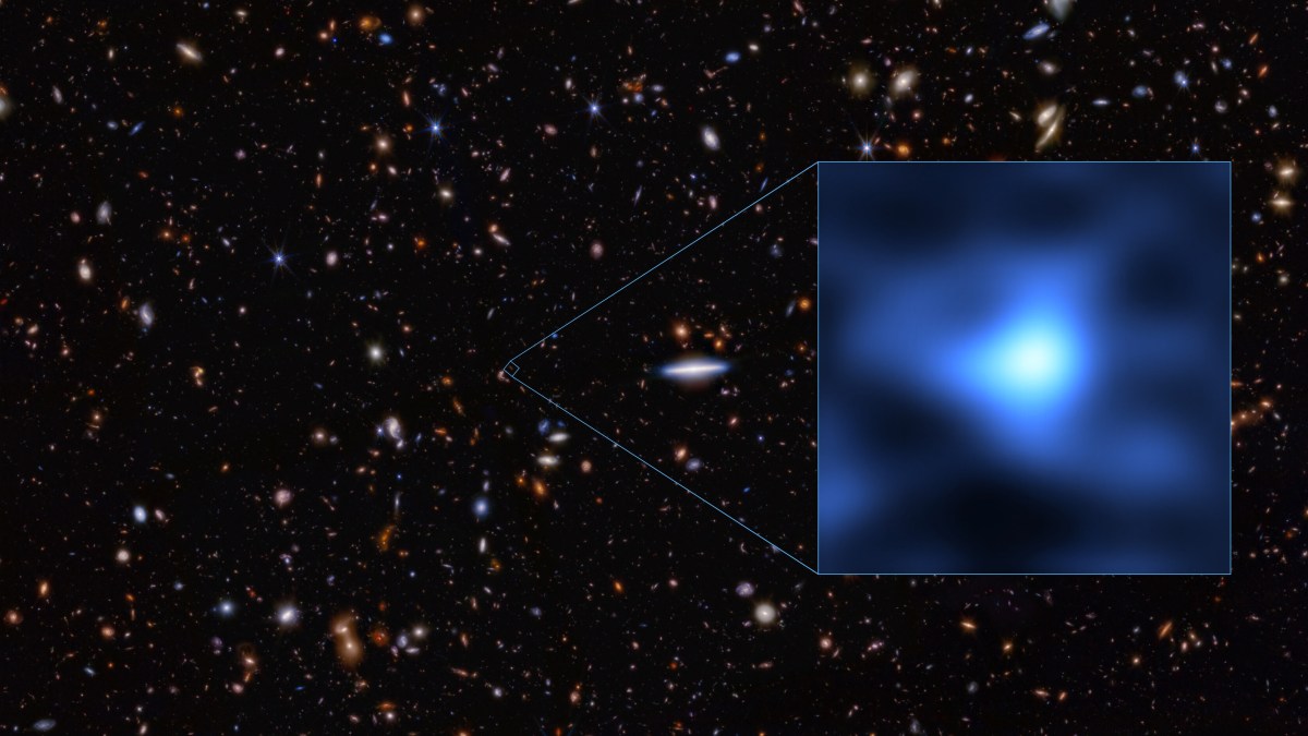 A field of distant galaxies in space with a blue-tinted, magnified section highlighting a single bright celestial object observed by JWST, possibly rich in oxygen.