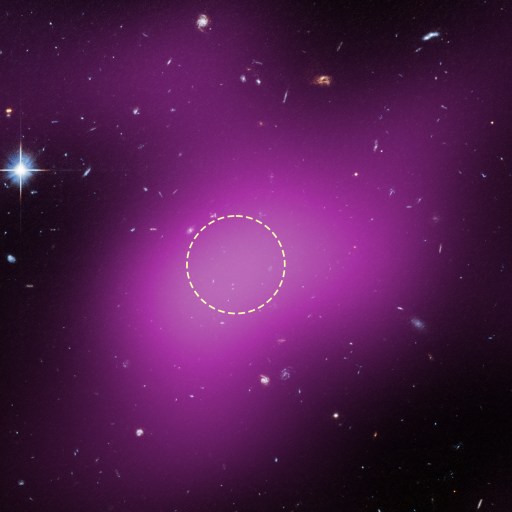 A galaxy cluster with a faint purple glow, showing a dotted yellow circle in the center, surrounded by distant stars and galaxies.