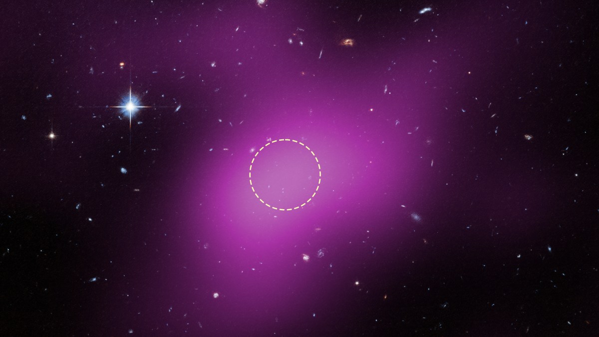 A galaxy cluster with a faint purple glow, showing a dotted yellow circle in the center, surrounded by distant stars and galaxies.