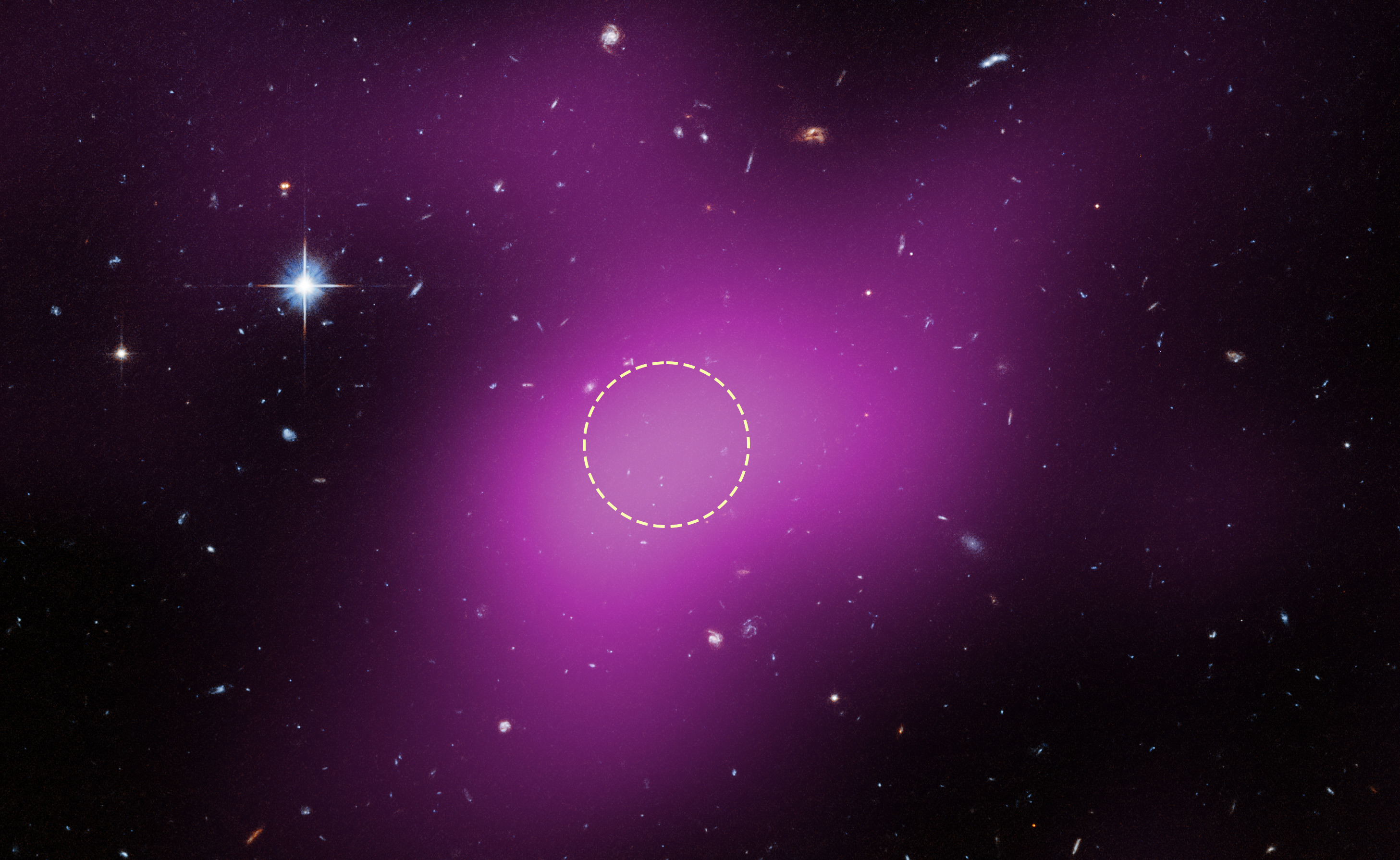 A galaxy cluster with a faint purple glow, showing a dotted yellow circle in the center, surrounded by distant stars and galaxies.