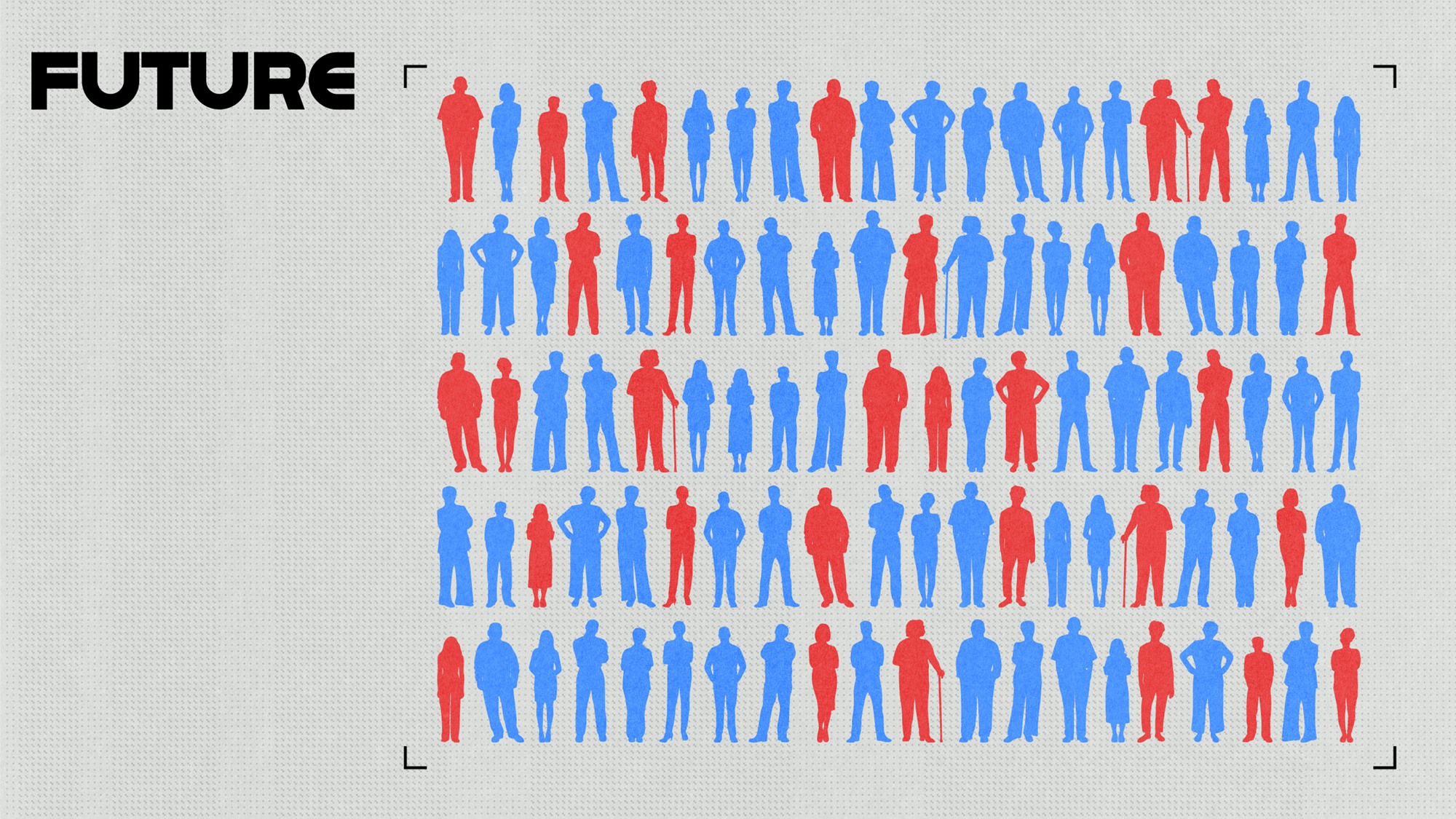 A grid of blue and red human silhouettes is arranged in rows, with the word "FUTURE" in bold black text on the upper left corner.