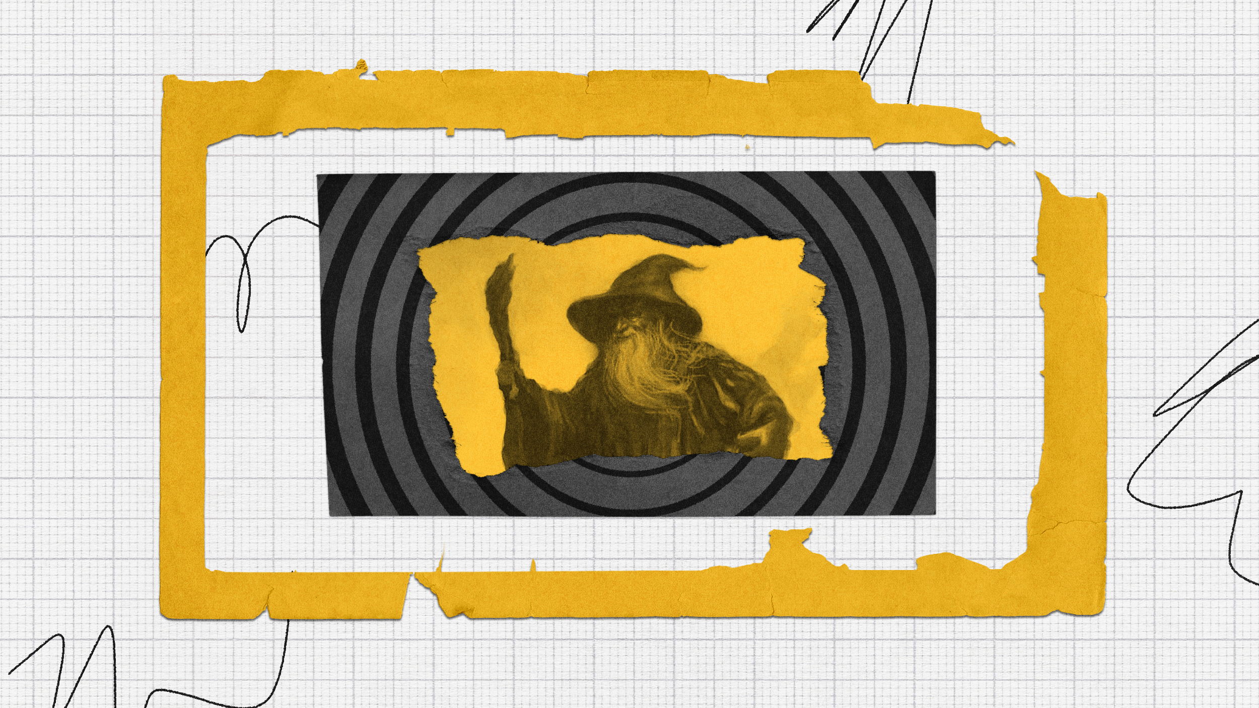 A grayscale illustration of a wizard leader with a hat and staff is centered on a spiral background, bordered by torn yellow paper on a grid-lined surface.