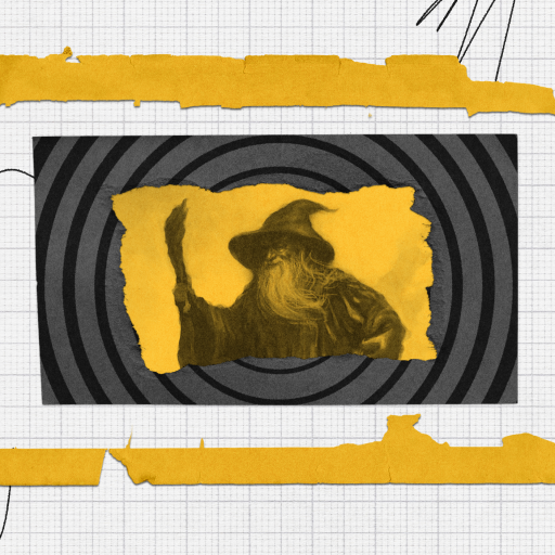A grayscale illustration of a wizard leader with a hat and staff is centered on a spiral background, bordered by torn yellow paper on a grid-lined surface.