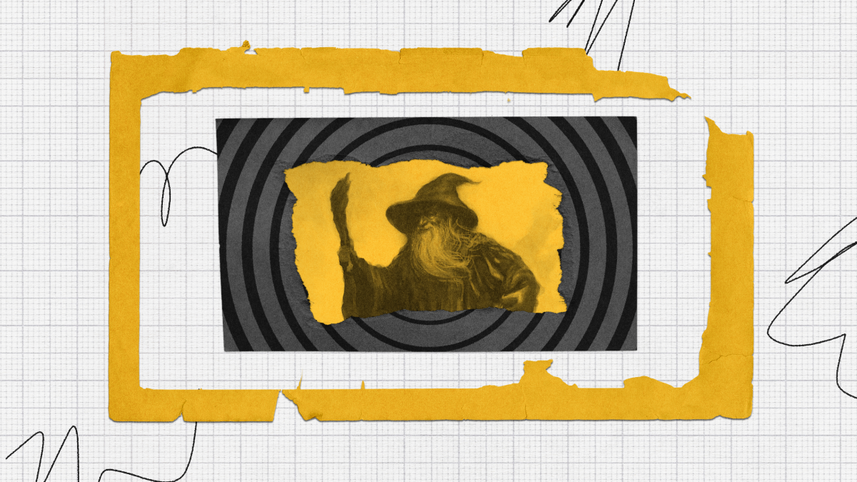 A grayscale illustration of a wizard leader with a hat and staff is centered on a spiral background, bordered by torn yellow paper on a grid-lined surface.