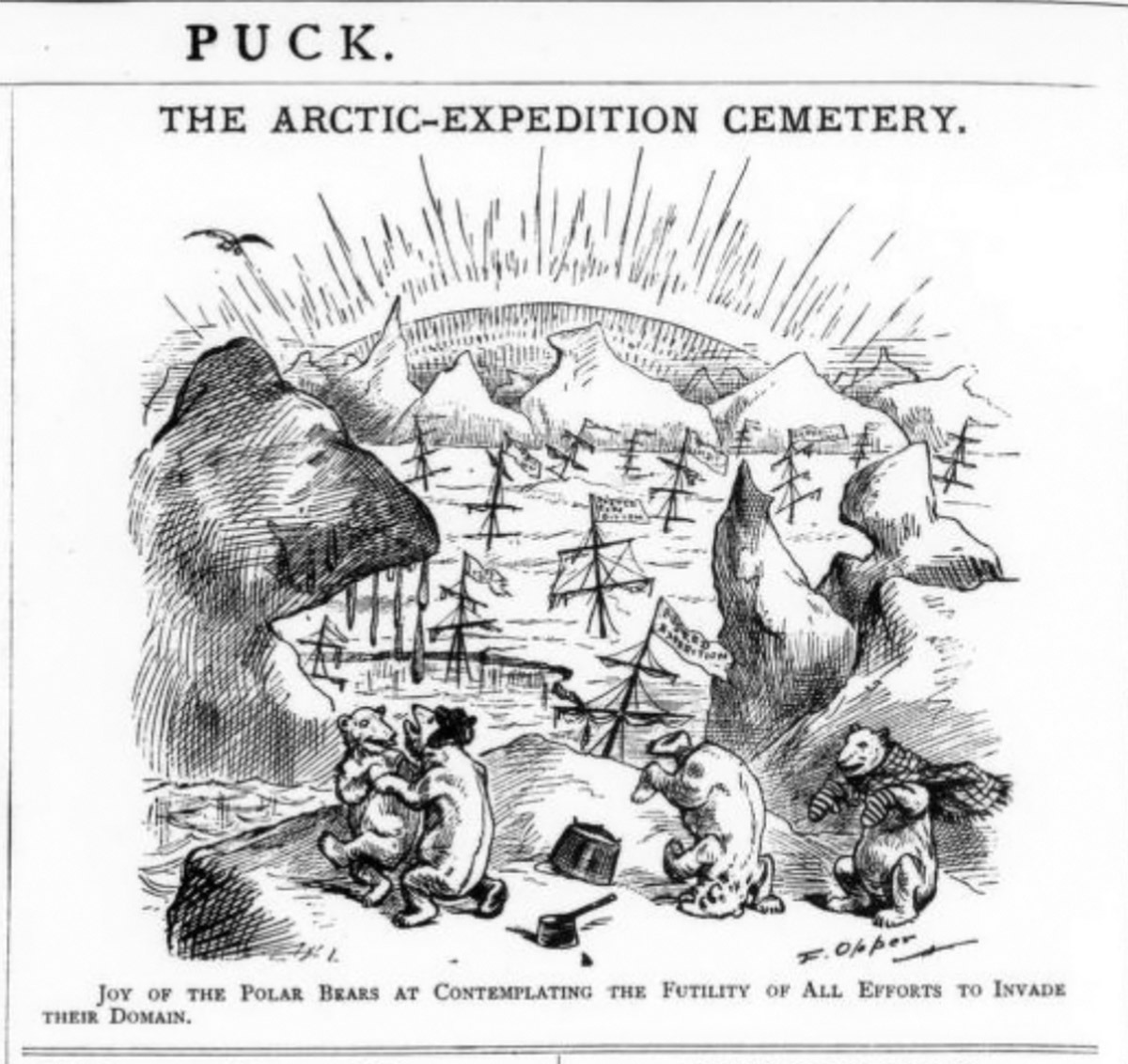 Cartoon of polar bears among graves and wreckage in an icy landscape, labeled "The Arctic-Expedition Cemetery," observing human failures in polar exploration.