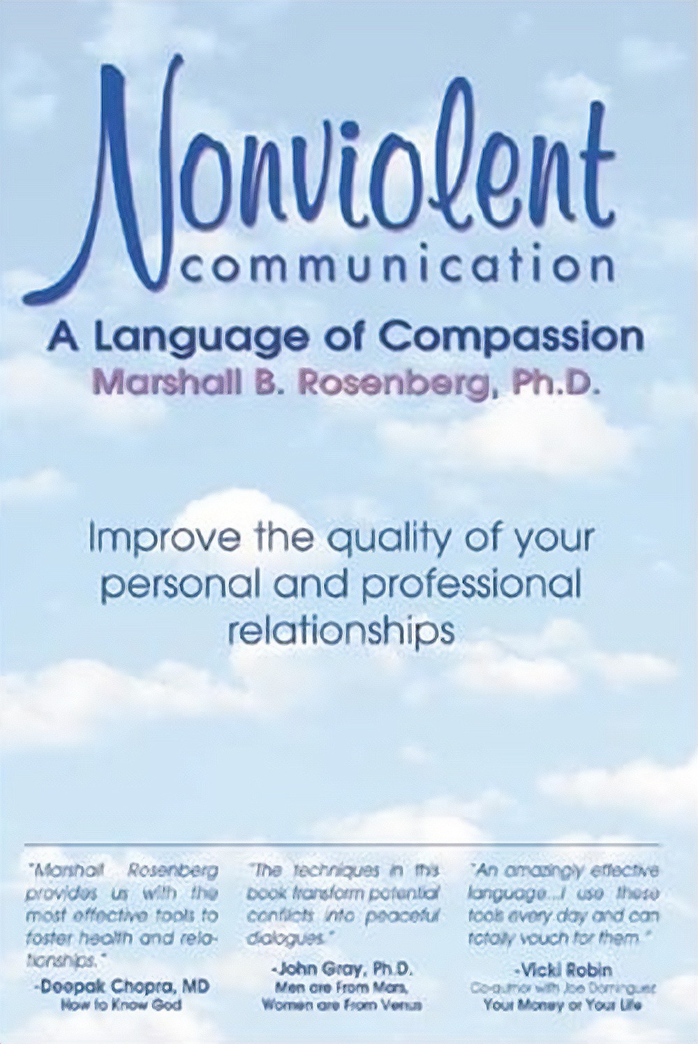 Book cover of "Nonviolent Communication: A Language of Compassion" by Marshall B. Rosenberg, Ph.D., featuring the subtitle and several endorsements on a blue and white background.