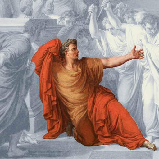 A man in a red and gold robe, resembling Julius Caesar, kneels on the ground, reaching out as several men in white robes with raised weapons surround him.