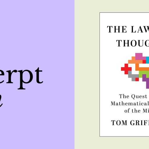 A book cover titled "The Laws of Thought" by Tom Griffiths appears next to the phrase "an excerpt from" on a split lavender and beige background.