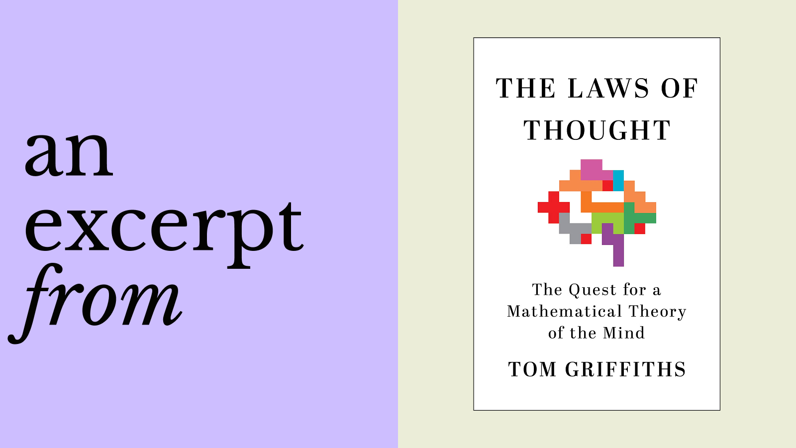 A book cover titled "The Laws of Thought" by Tom Griffiths appears next to the phrase "an excerpt from" on a split lavender and beige background.