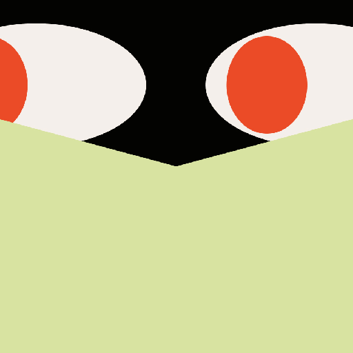 Abstract illustration of two wide eyes with red irises peeking over a pale green, angular shape against a black background.