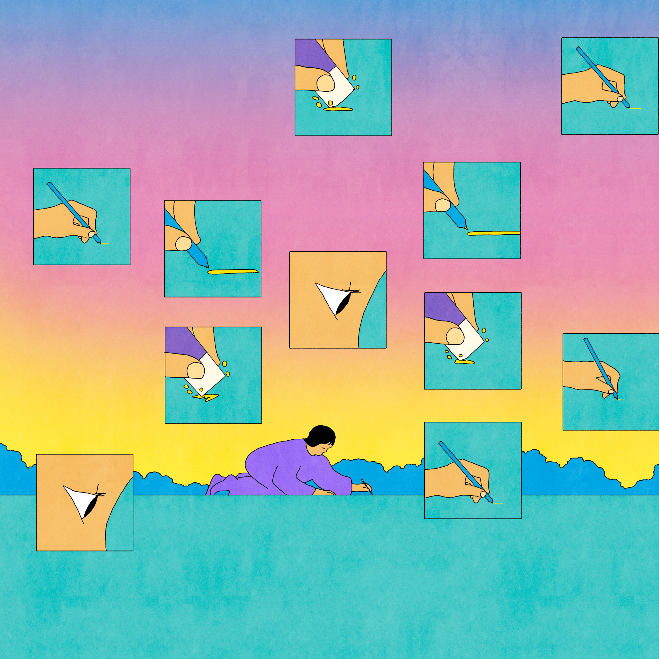 A person in purple draws on the ground while floating panels above show close-ups of hands drawing with pencils, set against a colorful gradient sky.