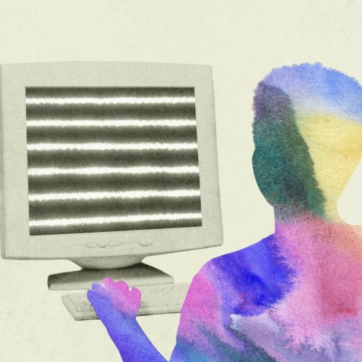 A colorful silhouette of a person sits at a desk, using a computer with a monitor displaying horizontal static lines—an image inspired by the innovative creativity of Jeff DeGraff.