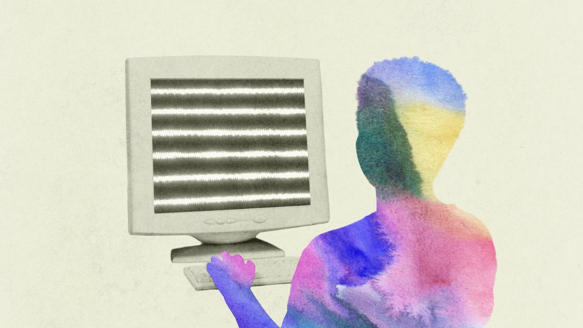 A colorful silhouette of a person sits at a desk, using a computer with a monitor displaying horizontal static lines—an image inspired by the innovative creativity of Jeff DeGraff.