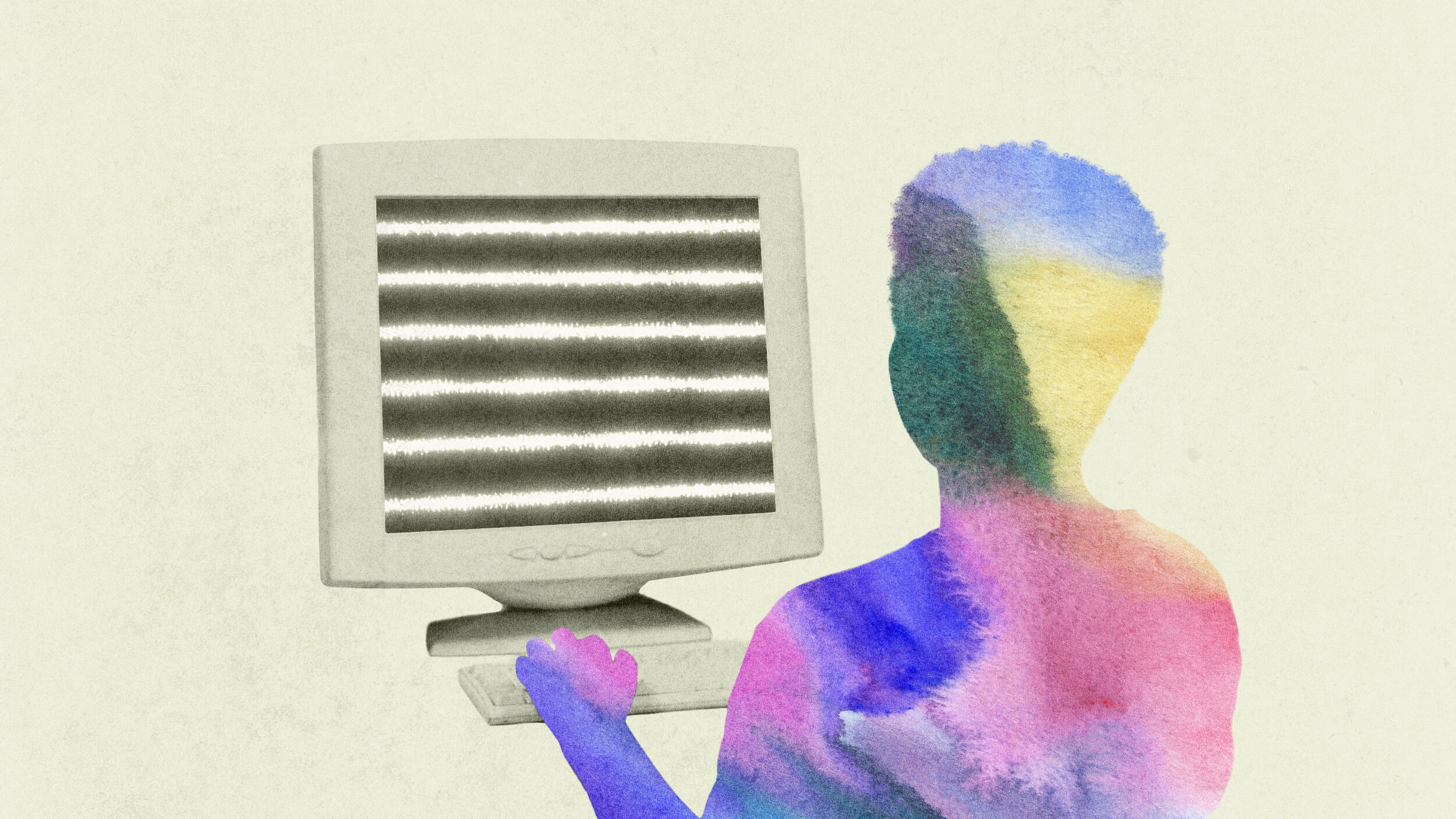 A colorful silhouette of a person sits at a desk, using a computer with a monitor displaying horizontal static lines—an image inspired by the innovative creativity of Jeff DeGraff.