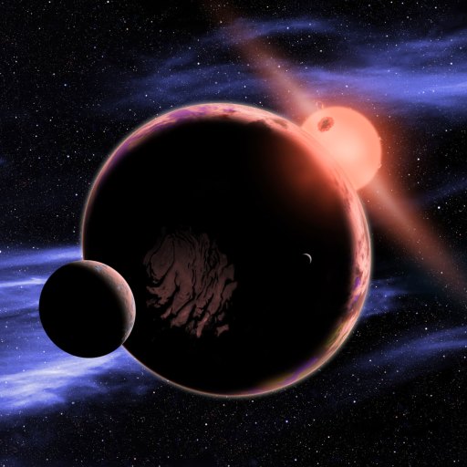 Three planets are silhouetted against deep space with a bright red star and nebula clouds in the background.