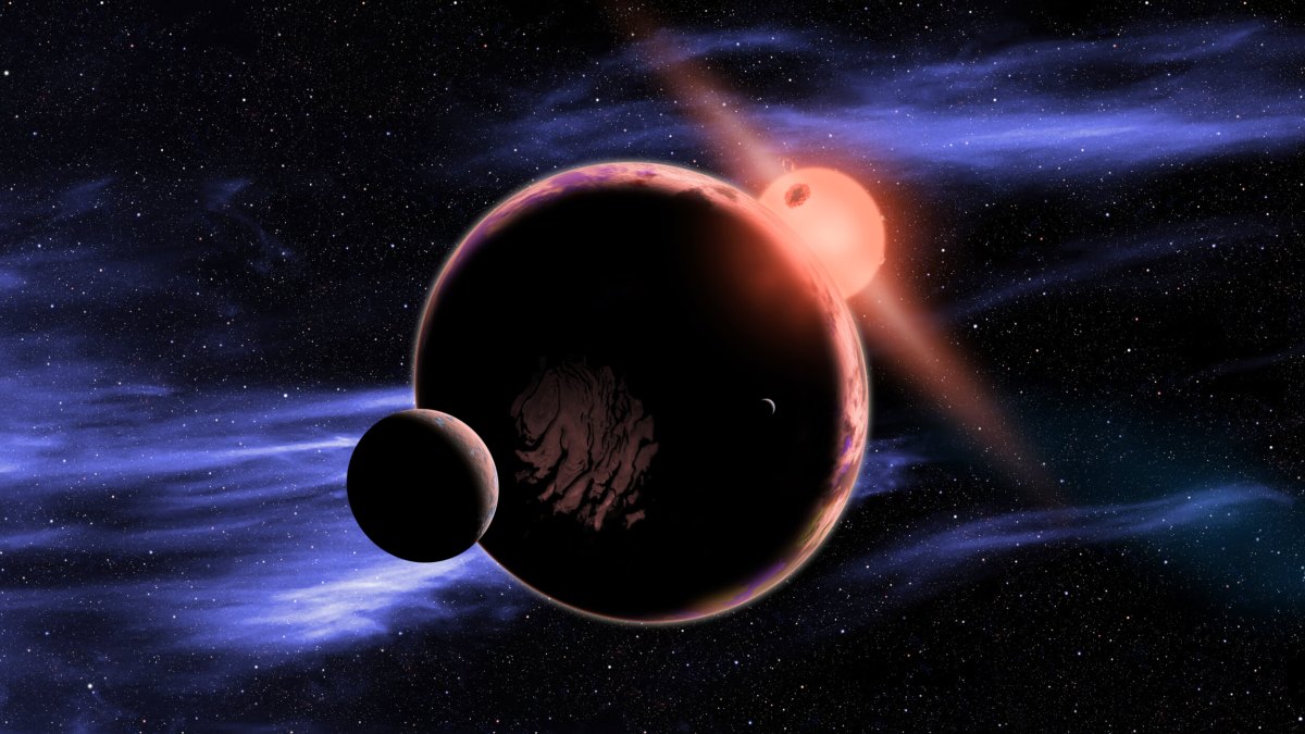 Three planets are silhouetted against deep space with a bright red star and nebula clouds in the background.