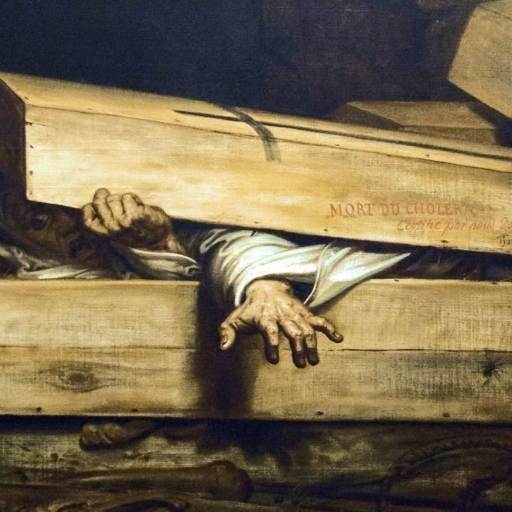 A person in white clothing is partially emerging from a wooden coffin, one hand gripping the lid and the other reaching out, evoking a sense of nostalgia for stories of the past.