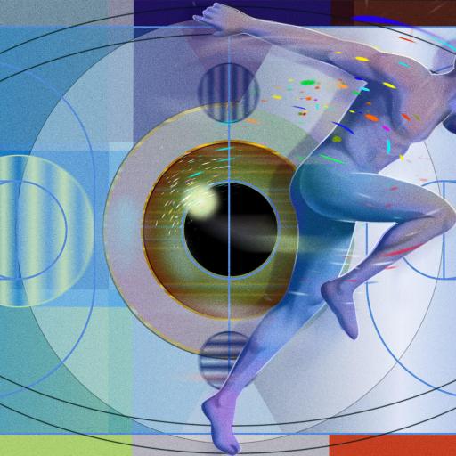 A stylized human figure runs in front of a large, abstract eye, with geometric shapes and colorful patterns in the background.