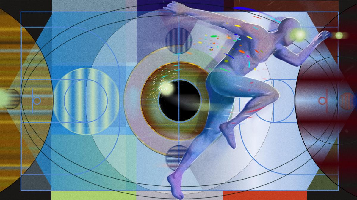 A stylized human figure runs in front of a large, abstract eye, with geometric shapes and colorful patterns in the background.