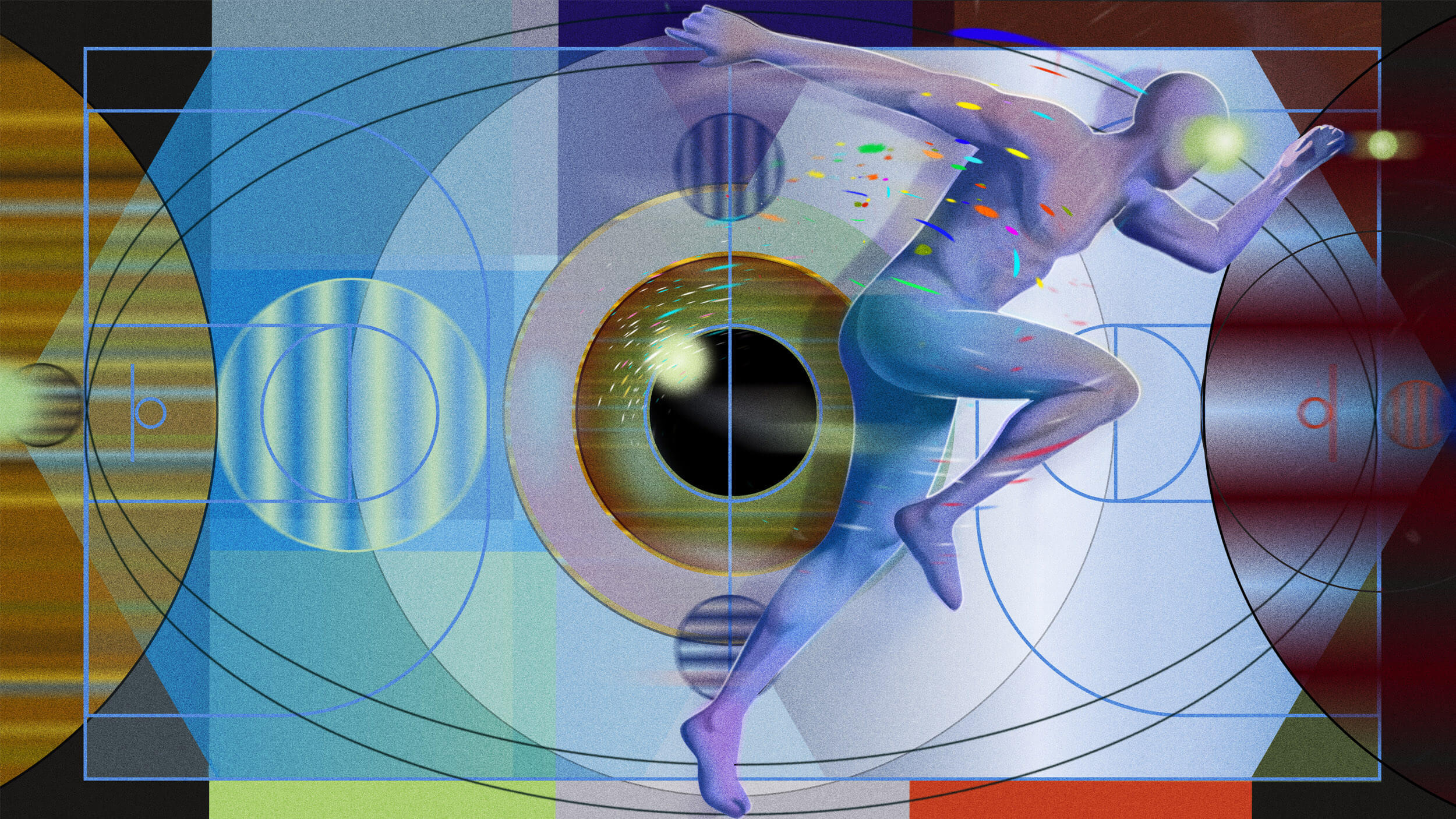 A stylized human figure runs in front of a large, abstract eye, with geometric shapes and colorful patterns in the background.