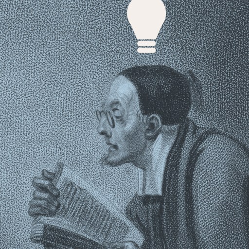 A man with glasses reads a newspaper, with a glowing lightbulb illustration above his head, symbolizing an idea or realization.