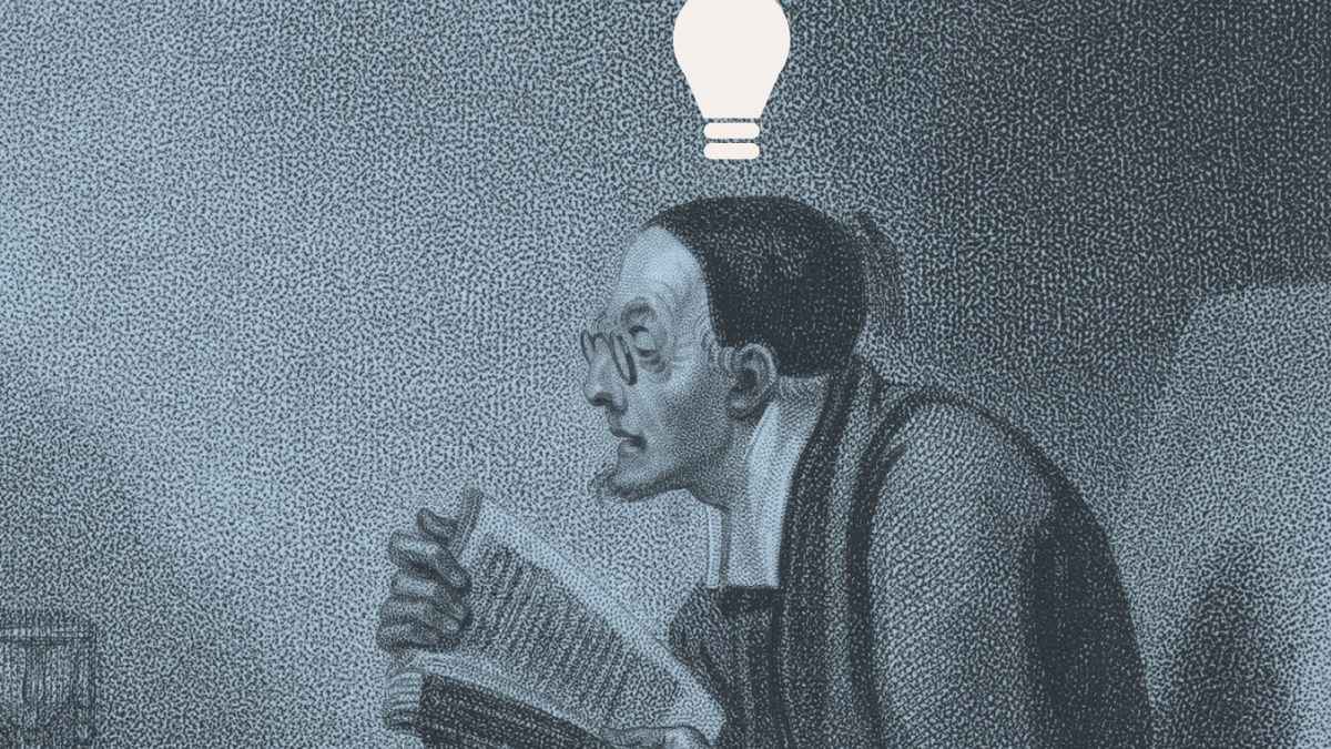 A man with glasses reads a newspaper, with a glowing lightbulb illustration above his head, symbolizing an idea or realization.