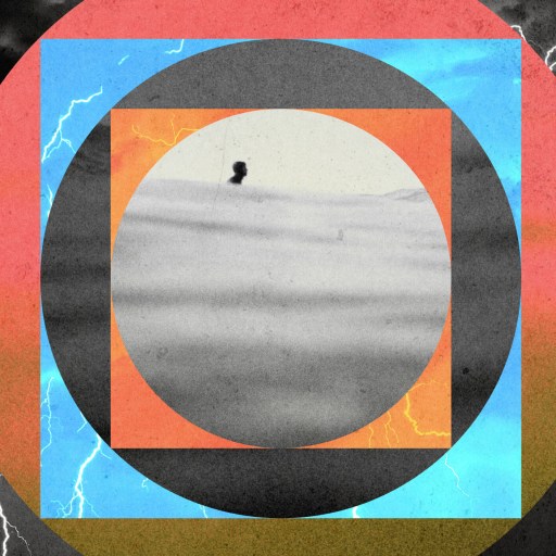 A person is seen in a hazy landscape, centered within overlapping geometric shapes and colorful patterns, with lightning streaks in the background.