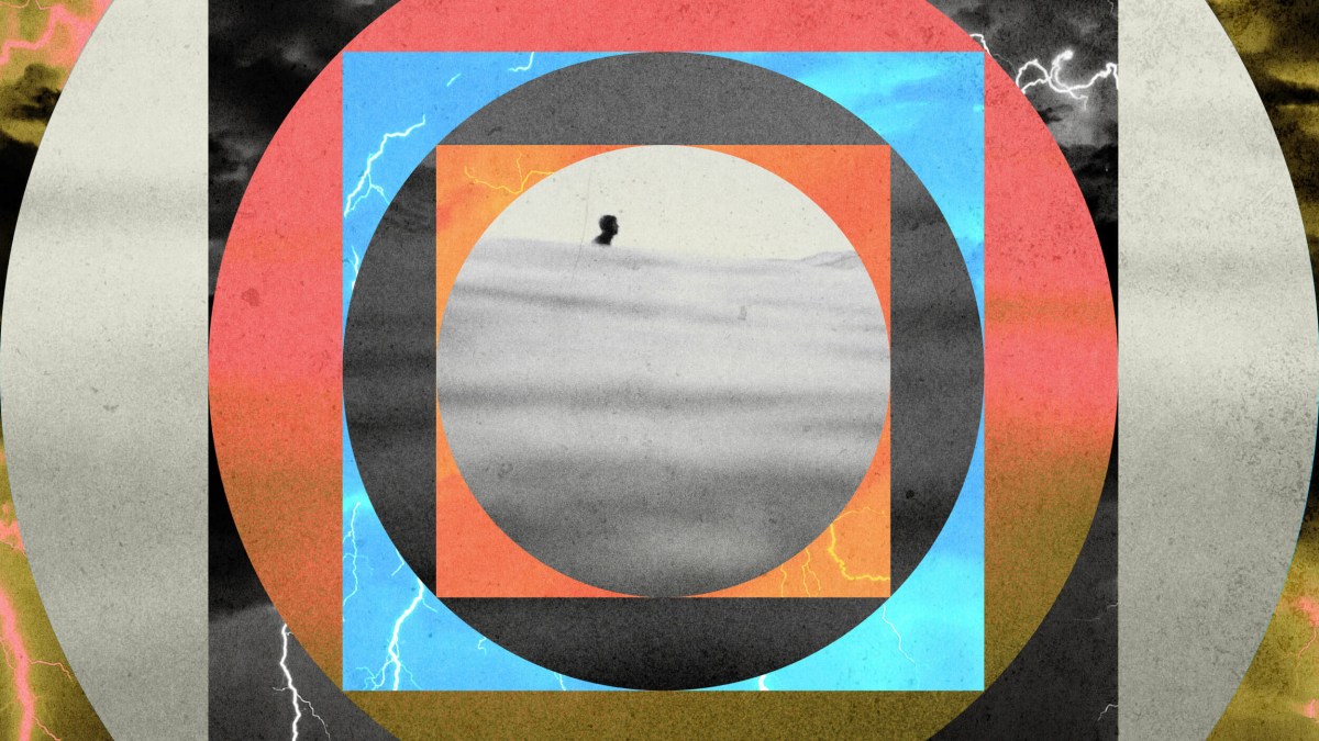 A person is seen in a hazy landscape, centered within overlapping geometric shapes and colorful patterns, with lightning streaks in the background.