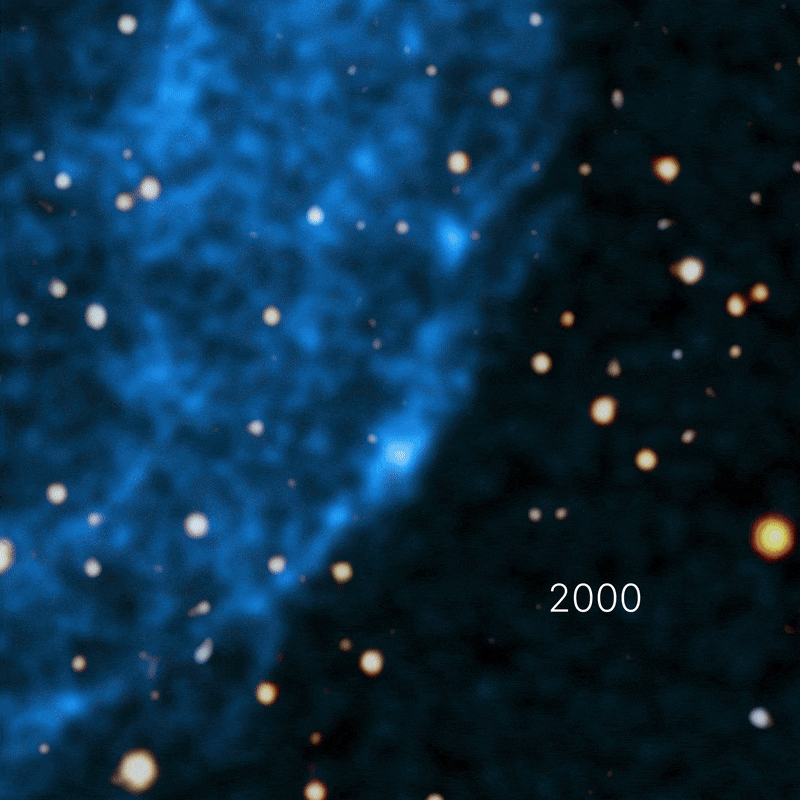 Time-lapse animation of a blue and black starfield with bright points of light, featuring NASA Chandra Kepler's supernova, and displaying years from 2000 to 2040 as labels in white text.