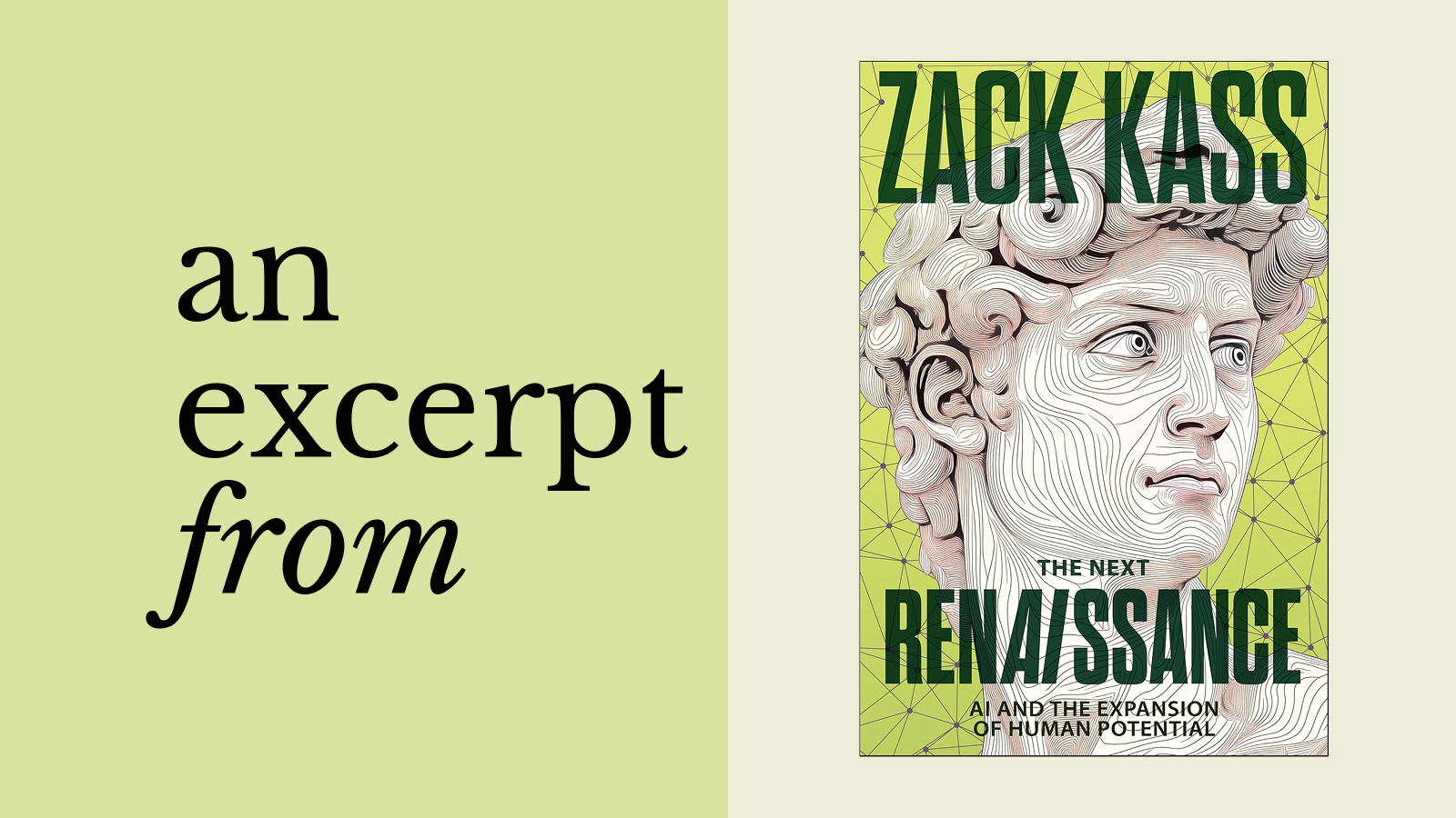 Book cover of "The Next Renaissance" by Zack Kass, featuring a stylized illustration of a classical statue's face and geometric patterns on a green background, reflecting themes of New Work and innovation.
