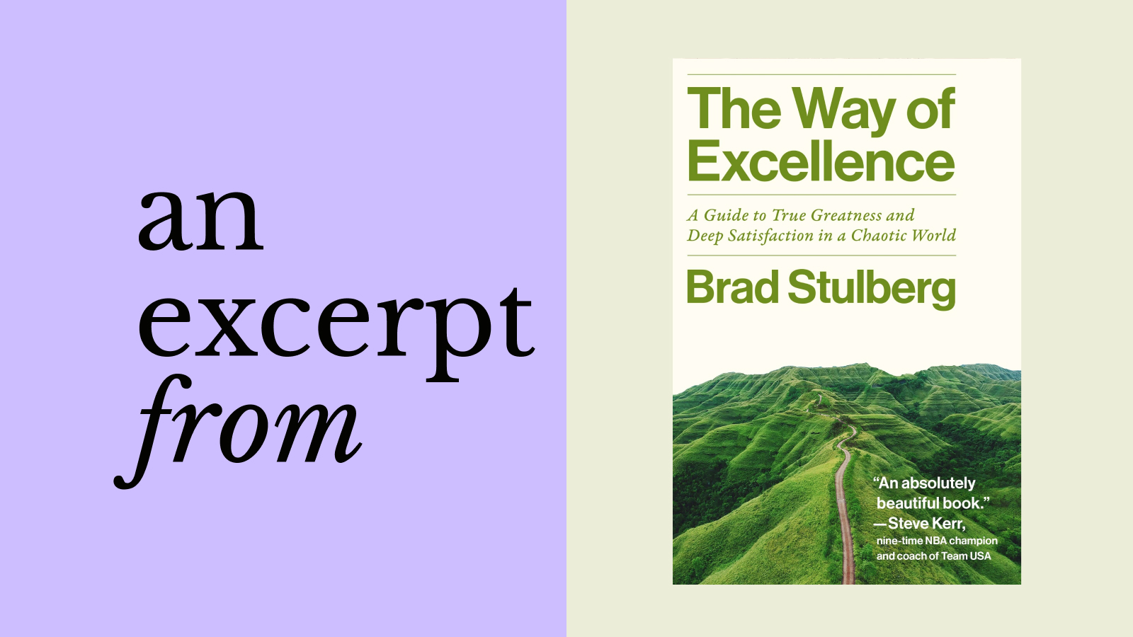 Book cover of "The Way of Excellence" by Brad Stulberg next to the phrase "an excerpt from" on a purple background, inviting readers to discover how to find success.